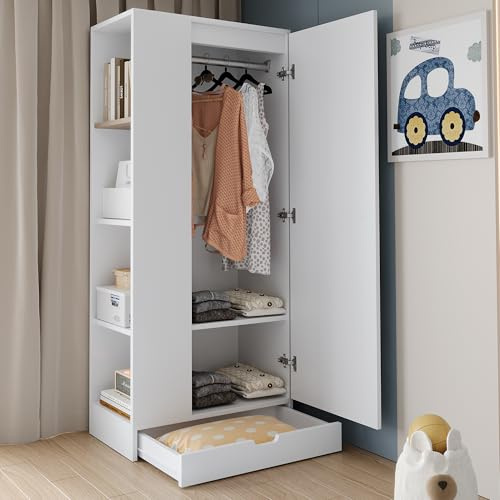 Lexiou Kleiderschrank 70 * 40 * 170cm, eintürige Ausführung, mit Einlegeböden und Schubladen (Reines Weiß)