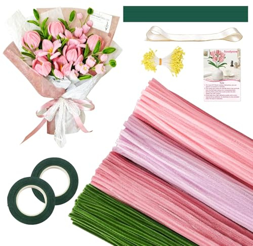 Soodyoow 400 Pezzi Scovolini Colorati per Lavoretti, Set di scovolini Rosa Tulip Bouquet, Kit Completo Fai da Te con Materiali per Bouquet e Decorazioni Casalinghe