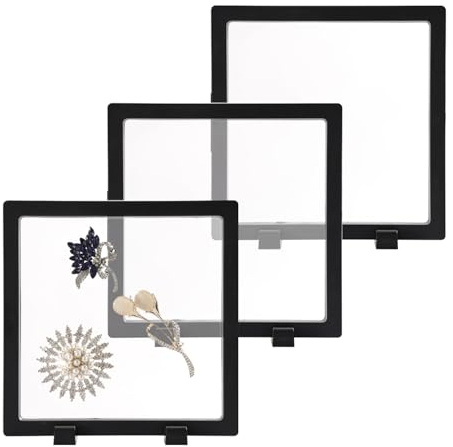 CAIYA 3 Stück Schweberahmen Displayrahmen Transparenter Münzen Display Rahmen mit Basis Schwimmenden Schmuck Box für Schmuck, Medaillen, Münzen, Halskette, Ring, Specimens (16 X 16 cm, Schwarz)