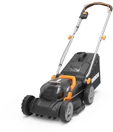 WORX WG735E Rasaerba a batteria 40 V, taglio 34 cm, motore brushless, altezza regolabile su 6 livelli da 20 a 75 mm, sacco 35 L, Cut-to-Edge, 2 batterie da 4 Ah e caricabatterie doppio inclusi