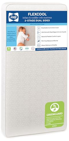 Sealy Baby Flex Cool 2 Stage Crib Mattress and Toddler Bed Mattress, Breathable Hybrid Coil Design, Waterproof Cotton Surface, GREENGUARD GOLD Certified, Standard 52x28 Size