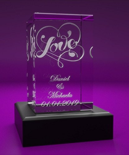 VIP-LASER 3D Glas Kristall Quader XL mit Love und Deinen Namen + Datum im Hochformat graviert! Geschenk für wie Geburtstag, Jahrestag, Valentinstag und Weihnachten! (incl. LED-Leuchtsockel Schwarz)