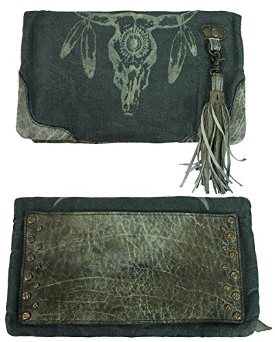Sunsa große Damen Leder/Canvas Clutch. XXL Geldbörse. Vintage Geldbeutel. Große Portmonnaie mit viele Fächer für Karten.