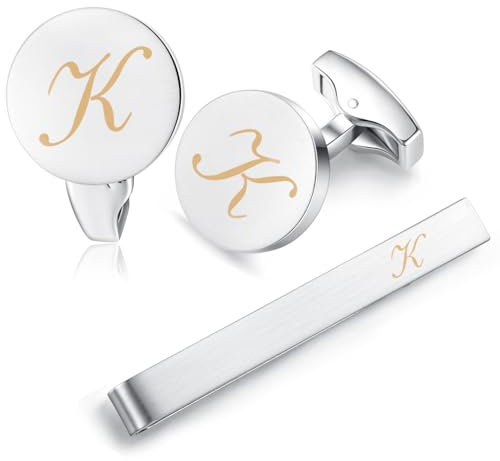 HONEY BEAR Initiale Lettre Alphabet Boutons de Manchette & Pinces à Cravate Set pour Le Cadeau affaires de Mariage de Chemise hommes Argent brossé (K)