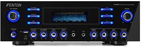 Fenton AV340BT - Amplificatore HiFi Surround, Amplificatore PA Home Cinema Karaoke, 2 x 180 Watt RMS (8 Ohm), Impedenza: 4, 8, 16 Ohm, Bluetooth, USB, Display digitale, Echo, Mid, Bass, Treble, Nero