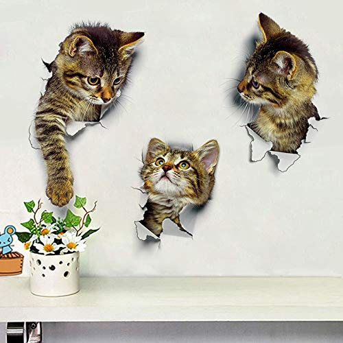 Zonfer 3pcs Décoration Intérieure Chats 3D Stickers Muraux Trou Voir Toilettes Sticker Chat Décoration Stickers Muraux PVC Amovible Art Fonds D'écran