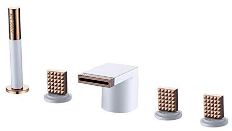 GLYYR Divisé Robinet de Baignoire Laiton Moderne Baignoire Mitigeur 5 Trous 3 Poignée Monté sur Le Pont Mitigeur de Baignoire avec Haute Pression Douche à Main,White Plus Rose Gold