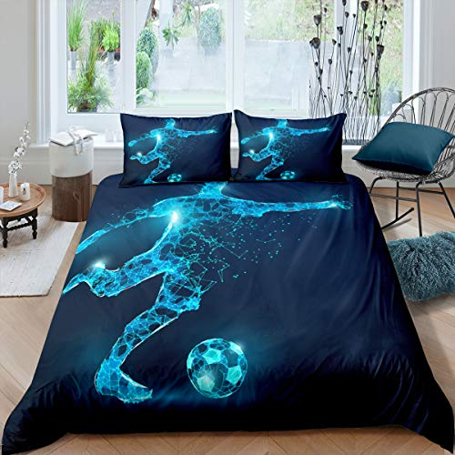 feelingyou Fußball Spielen Bettwäsche-Set Blaue LichtBettwäsche Set 155x220cm Ball Sport Betten Set für Kinder Jungen Mädchen Teenager 2St.Reißverschluss Mikrofaser
