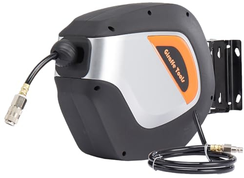 Giraffe Tools Retractable Air Hose Reel 15m with 1/4 Quick Coupler, Airline Reel Retractable with 5/16 in. Hybrid Air Line Wall Mount 180° Swivel