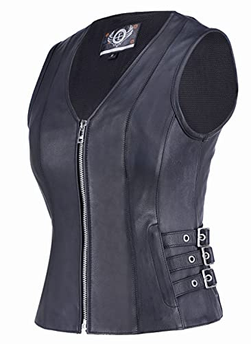 TRUE ELEMENT Damen-Motorrad-Lederweste mit Reißverschluss vorne und V-Ausschnitt, für Bikerinnen (schwarz, Größen XS-3XL), Schwarz, L