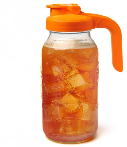 County Line Kitchen Glass Mason Jar Pitcher with Lid - Wide Mouth, 2 Quart (64 oz) - Heavy Duty, Leak Proof - Sun & Iced Tea Pitcher, Cold Brew Coffee, Breast Milk Storage, Water - Sunrise Orange