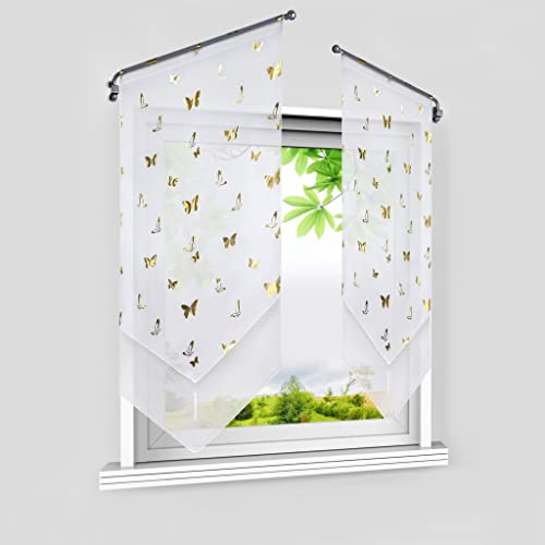 HeichkelL Voile Scheibengardine mit Goldener Schmetterling Bistrogardinen 2er Set Panneaux Doppelschicht Kurzstore Modern Küchenvorhang mit Quaste Gold BxH 60x90 cm 2 Stück
