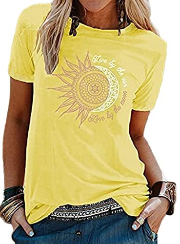 Maglietta Donna Manica Corta con Stampa Luna e Sole, T-Shirt Scollo Rotondo, Ampia Girocollo Casual (Giallo, M)