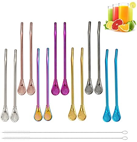XUBX 14 piezas Cuchara de paja con 2 Cepillo de Limpieza Adecuado, Reutilizable Cucharas de Acero Inoxidable, filtro de paja, popotes de café, cuchara de metal, para Batido de Café y Cóctel
