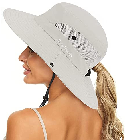INOGIH Damen Sonnenhut mit breiter Krempe - UV-Schutz Fischerhüte Eimer Wandern Outdoor Hut mit Loch für Pferdeschwanz, beige, M