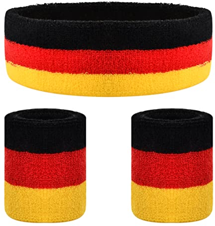 3 Stück Schweißbänder Set, Sportstirnband Handgelenk, Feuchtigkeitstransport Schweiß Absorbierendes Stirnband, Athletisches Baumwollschweißband für Sport (1 Stirnband + 2 Armbänder) (Rot Gelb Schwarz)
