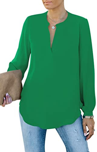 Homlan Chemisier élégant pour Femme - Col en V - Manches Longues - Décontracté - Tunique à Manches Longues - Couleur Unie, Vert, L