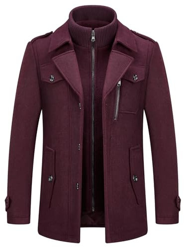 KUDORO Manteau Homme en Laine Chaud pour Hiver Trench Coat Mi-Long Classique Parka Pardessus Caban Slim Fit Élégant Business Décontractée Duffle-Coats Coup-Vent Revers Overcoat(Bordeaux,M)