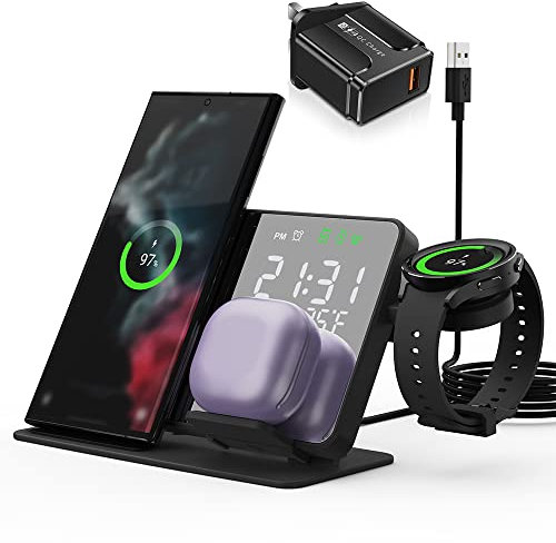 Wireless Charging Station for Samsung Galaxy Watch 6/5/5Pro, 3 in 1 Wireless Charger with Digital Alarm Clock, for Galaxy S24/S23/A15/A55, Galaxy Buds