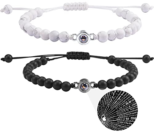 BOCHOI Pärchen Armband 2 Stück Natural Stone Stretch Bead Schmuck Geschenk für Liebhaber Frau Ehemann Freund Armbänder 100 Sprachen Ich liebe dich Perlen Projektionsarmband