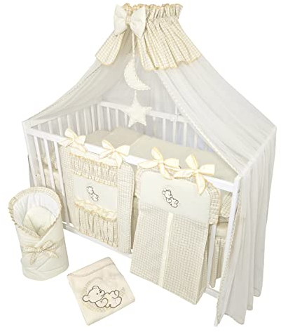Bello24 - 16 Teiliges Babybett Kinderbett und Bettwäsche komplett Set Happy Leo inkl. Matratze höhenverstellbar für Neugeborene Babys und Kleinkinder aus Massivholz (Teddybär Mond Hellbeige)