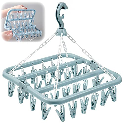 MENFENG Clothes Drying Hanger and Drip Foldable Hanging Sock Rack(32 Clips ) Multifunction clothes drying rack,Rotary Wind-sock hanger for washing line,for Socks, Underwear, Bras, Baby Clothes (Blue)