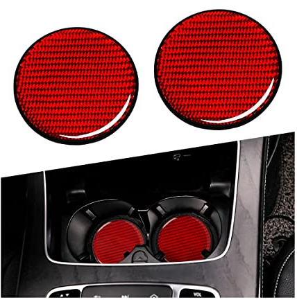 CGEAMDY 2 Pièces Porte-Gobelet Rond, Porte-Gobelet PVC Véhicule, Boissons Rondes Lavables Dessous De Verre, Dessous De Verre Voiture en Fibre De Carbone, Antidérapant Dessous Verre(Rouge)