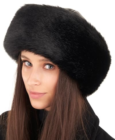 Futrzane Siberian Mütze mit Fellrand - Fellmütze Damen - Pelz und Leder Hut (M, Schwarz - Schwarz Siberian)