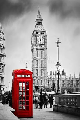 Puzzle 1000 Teile Rote Telefonzelle Und Big Ben In London Schwarz-Weiß-Bild 75 * 50Cm