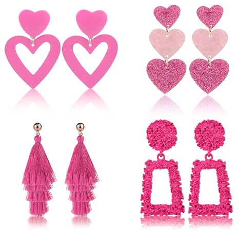 4 Paia Orecchini Rosa, Orecchini a Cuore Orecchini con Nappe Rosa Orecchini Amante Orecchini Magenta Orecchini Pendenti Rettangolari per Donne Fidanzata Accessori per San Valentino