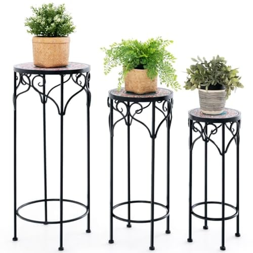 TANGZON 3PCS Tall Plant Stand, Metal Frame Mosaic Round Flower Pots Holder with Ceramic Top & Anti-slip Foot Pads, Outdoor Indoor Plant Display Rack for Home Living Room Garden Entryway Balcony
