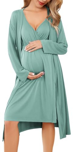 Ekouaer Nursing Robes Maternity Robe and Nightgown Set Breastfeeding Pregnancy Nightgowns for Hospital Postpartum Gown Celadon Green L