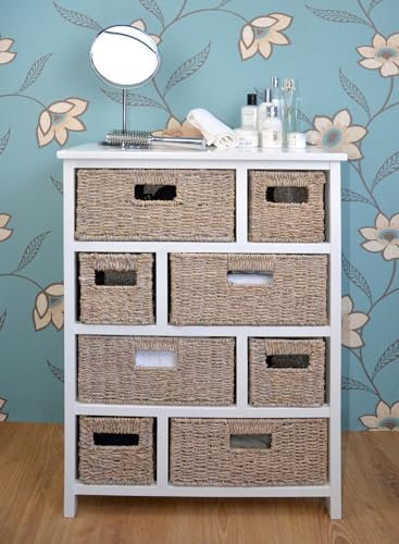 Tetbury White Basket Storage Unit | Chest of Drawers with 8 Seagrass Baskets (56W x 80H x 34D cm), Assembled Bedroom Hallway Bathroom Furniture (White-WW)