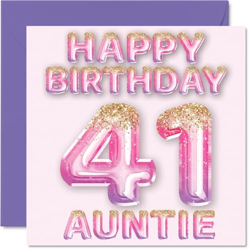 41st Birthday Card for Auntie, Pink & Purple Glitter Balloons | Happy Birthday Cards for 41 Year Old Aunt Aunty from Nephew Niece, 145mm Bday Greeting Cards Gift