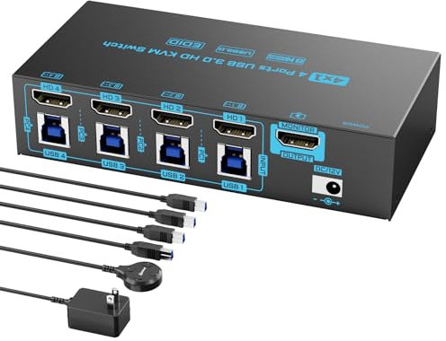 8K KVM Switch 4 PC 1 Monitor 4 Port HDMI 2.1 USB 3.0 8K@60Hz/4K@144Hz 4 Eingänge 1 Ausgang Tastatur/Maus KVM Switch EDID-Emulator für 4 PCs teilen Sie 1 Monitor & 4 USB-Geräte, mit 4 USB 3.0-Kabeln