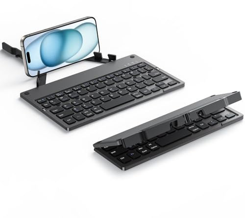TECURS Foldable Bluetooth Keyboard with Stand, Rechargeable Travel Slim Portable Mini Folding Wireless Bluetooth Keyboard for iPad Tablet Smartphone iOS Android Windows, QWERTY UK Layout, Black