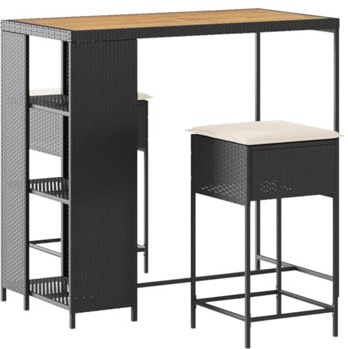 vidaXL Gartenbar Set 3-TLG., Gartenmöbel mit Kissen, Bartisch Stehtisch Barhocker Barstuhl, Theke Bar Tresen Gartentheke Sitzgruppe, Schwarz Poly Rattan
