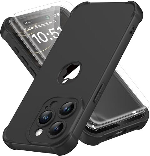 ORETECH for iPhone 15 Pro Case 6.1 inch, with [2 Pack Screen Protector] [Camera Lens Guard] [15FT Military Grade Drop Test] 360° Shockproof Slim Fit Design Rubber Bumper Phone Cover - Black