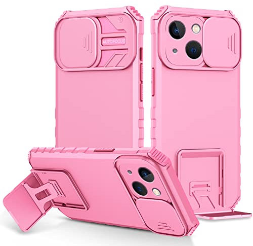 Compatible avec Coque iPhone 13 avec Cache Caméra Coulissante & Support, Coque pour iPhone 13 Etui Bumper Case Antichoc Housse Complète Protection (Rose)