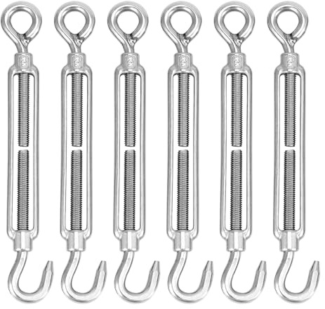 QWORK® 6 Pièces M8 Tendeur de câble, tendeurs en acier inoxydable 304, avec crochet et œillet