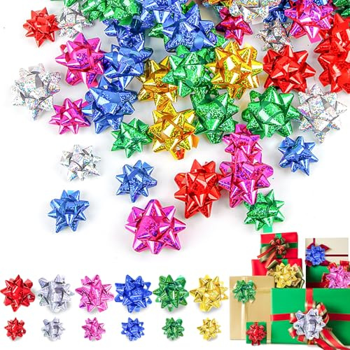 Fiocchi per Pacchi Regalo, RosyFate100 Pezzi Coccarde per Pacchi Regalo, Fiocchi Albero di Natale, Fiocchi Regalo, per Feste di Natale e Confezioni Regalo (2 Taglie, 6 Colori)