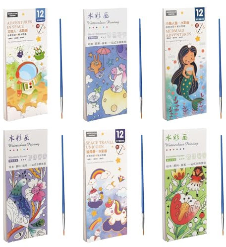 6 StüCk Aquarell Malbuch Kinder, 72 Seiten Mini Malbuchs,Aquarell Malbuch mit Wassertankpinsel,Mini Malbuchs,Wasserfarben Malbuchss,MalbüCher Mess Free Painting For Kids Block mit Wasserfarbe