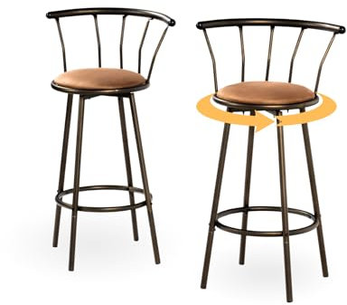 FurnitureR Set von 2 Barhockern, gepolsterte Drehhocker mit Metallbeinen Design, Barstuhl aus Kunstleder mit Rückenlehne, Küche, Esszimmer, 29 INCH, Tan Brown