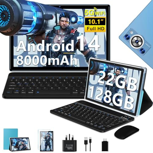 2025 Tablet 10 Inch Android 14 22GB RAM+128GB ROM(TF 2TB), Octa Core 2.0 GHz, 5G WiFi, 8000mAh | BT5.0 | Widevine L1 FHD | Face ID | Widgets | GPS | Type C | GMS Tablet with Keyboard & Mouse - Blue