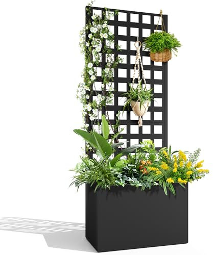 TUYOHW Metall Hochbeet mit Rankgitter, Outdoor, Schwarz, Large, Garten, Stabiler Rankgitter, Windabweisend, Rostfrei, Entwässerungsloch, 23.6 cm B x 63 cm H