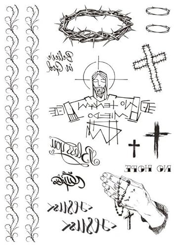 Lot de 2 feuilles de tatouages temporaires croix chapelet tatouages Jésus Tatouage main couchant Fil barbelé Tatouage LC112x2