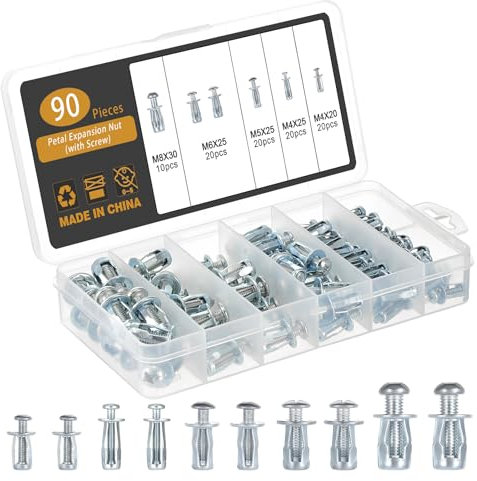 Gueenky 90 Piezas Tacos de Expansión, M4 M5 M6 M8 Tacos Anclaje de Expansion Pared Hueco Tacos Metálicos para Materiales Huecos para Chapa Hierro Chapa Plástico Chapa Aluminio