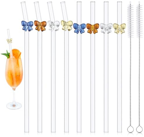 8 Stück Glasstrohhalme Lang, Wiederverwendbare Trinkhalme Glas, Glas Strohhalme mit Reinigungsbürste, 4 Gebogene + 4 Gerade Glasstrohhalm, Strohhalme mit Motiv für Saft, Cocktails, Smoothie