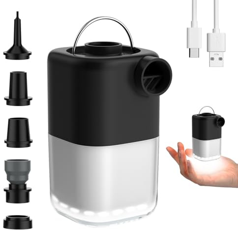 Tiny Air Pump, Portable Electric Air Pump, Mini Air Pump with 3 Brightness Levels & SOS Light Mode, Rechargeable, 4KPa Fast In/Deflating for Pool Floats/Air Bed/Vacuum Storage Bags, Black