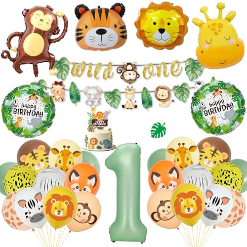 Geburtstagsdeko 1 Jahr Junge,Wild One Deko 1. Geburtstag Set,Dschungel Geburtstagsdeko 1 Jahr Junge Mädchen,Erster Kindergeburtstag Deko mit Safari Luftballons 1. Geburtstag